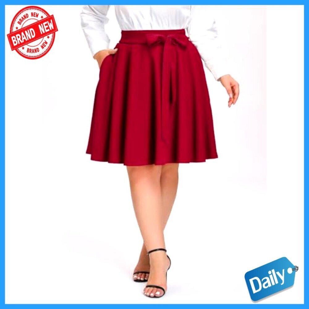 Plus Size Midi Skater Skirt High Waist A-Line Stretchy Flared with Pockets - Picture 2 of 7